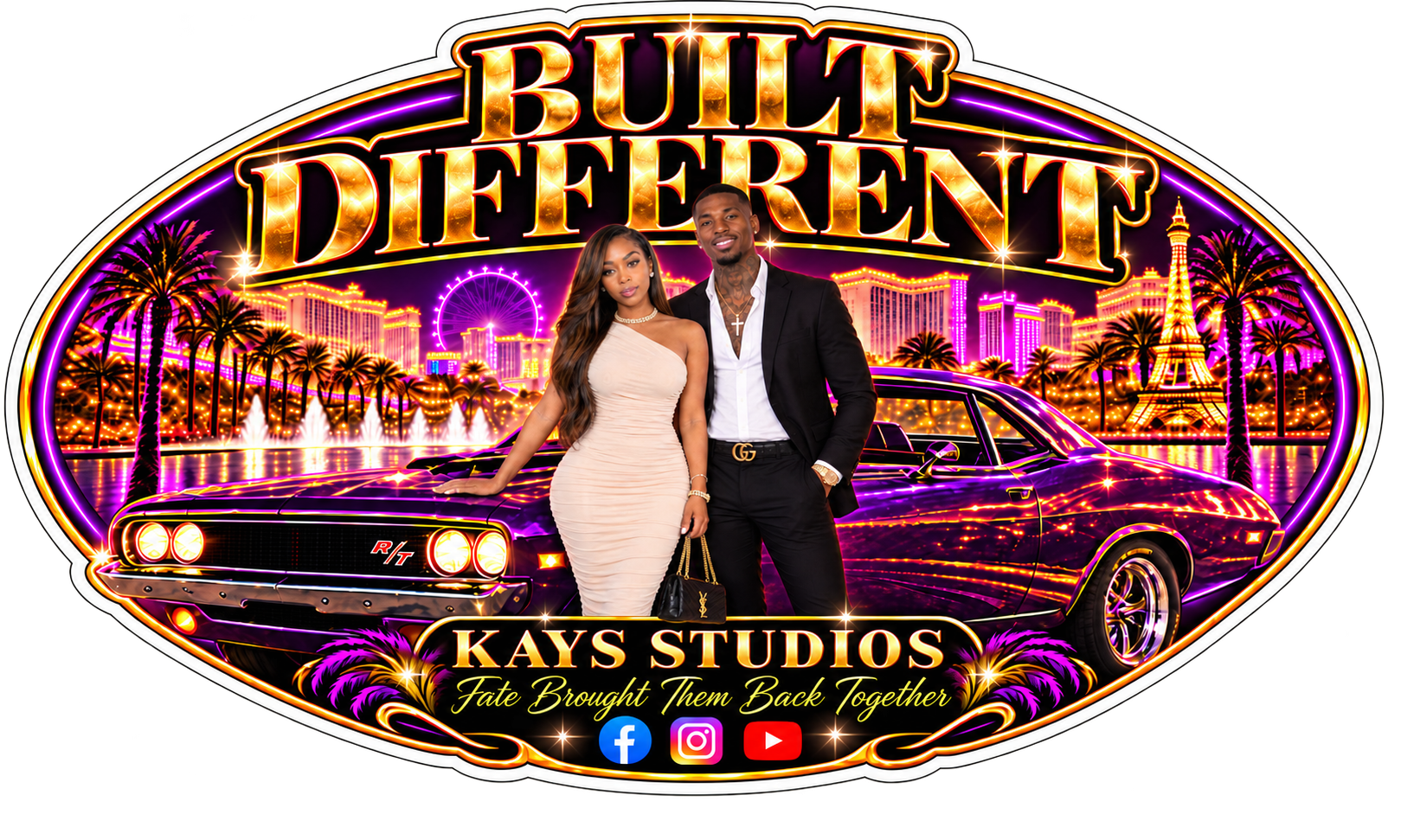 BUILT DIFFERENT oval sticker decal featuring Maximus, Mulaysia, a purple Charger, and the neon Las Vegas skyline.